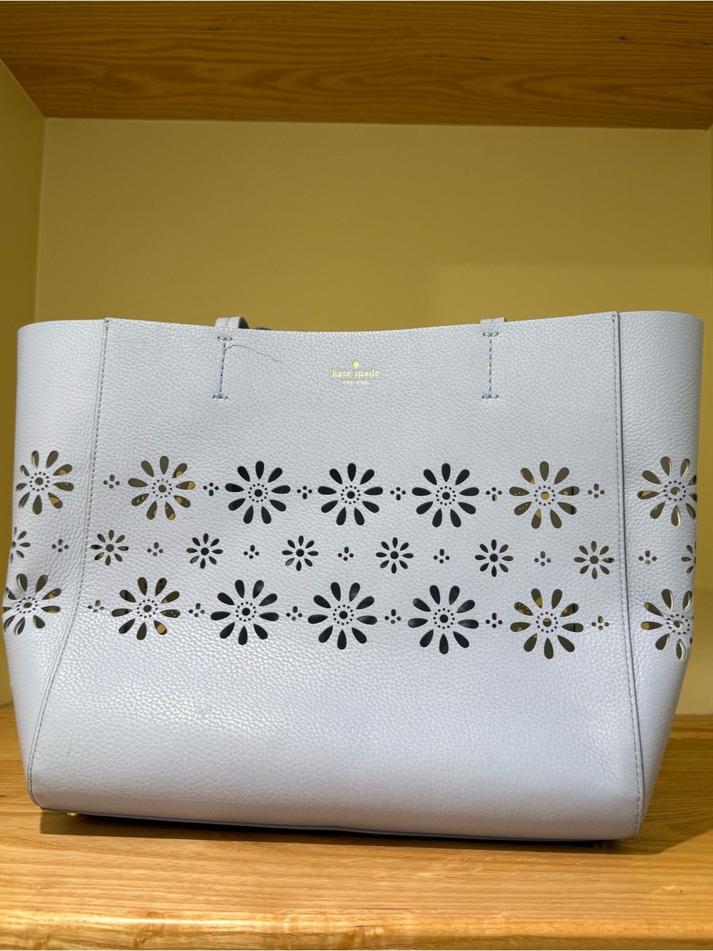 kate spade pale blue laser-cut floral leather tote